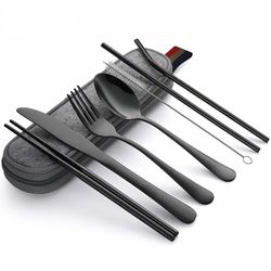 8pcs/set tableware reusable travel cutlery set - camp utensils set with stainless steel spoon fork chopsticks straw - p