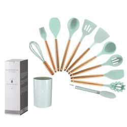 12pcs/set wooden handle silicone kitchen utensils with storage bucket - high temperature resistant and non-stick pot spa