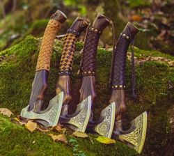 pack of 4 the vikings gift forged carbon steel axe with engraved handle, viking axe with sheath best birthday anniversar