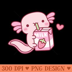 cute axolotl drinking strawberry milk - png download pack