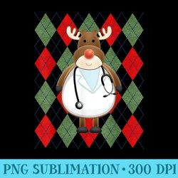 medical scrub top reindeer nurse ugly argyle pattern - png file download