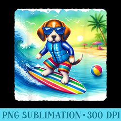 surfing beagle in safety vest on wave. sunglasses surfboard - png clipart download