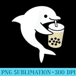 cute kawaii baby dolphin drinking boba bubble milk tea - png download transparent background