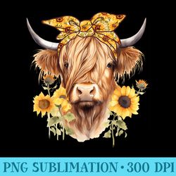 cute scottish highland cow wearing sunflower bandana heifer - shirt printing template png