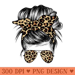 leopard mom messy bun hair sunglasses headband women graphic - trendy png designs