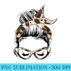 s mom life messy bun hair bandana cow hide print - png vector download