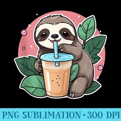 cute japanese kawaii chibi sloth drinking boba - trendy png designs