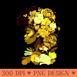 beautiful black woman afro queen african art yellow flowers - png download