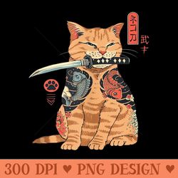 japanese samurai ninja cat kawaii tattoo graphic - png clipart download