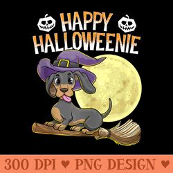 Happy Halloweenie Dachshund Dog Halloween Witch Wiener Broom - Png Download
