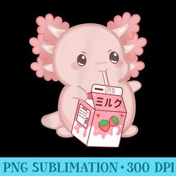 kawaii anime axolotl drinking strawberry milk cute japanese - sublimation backgrounds png