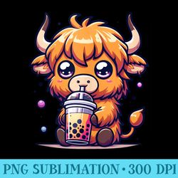 kawaii highland cow anime boba tea bubble milk tea - sublimation templates png