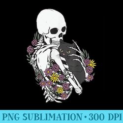 Skeleton Hugging Cat, Flowers Skeleton, Black Cat - Mug Sublimation Png