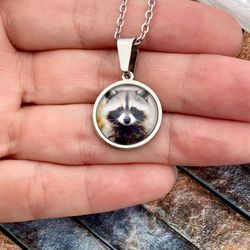 raccoon necklace, pendant made of steel and glass, stainless steel jewelry, unique jewelry gift