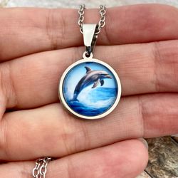 dolphin necklace, pendant made of steel and glass, stainless steel jewelry, fish lover gift