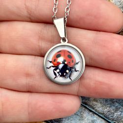 ladybug necklace, pendant made of steel and glass, stainless steel jewelry, insect lover gift, red