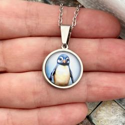 penguin necklace, pendant made of steel and glass, stainless steel jewelry, animal lover gift