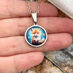 cute little fox necklace, stainless steel and glass pendant, animal lover gift