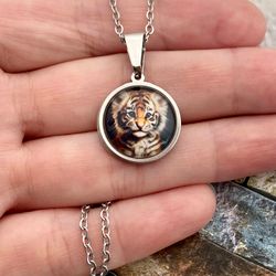 cute little tiger necklace, stainless steel and glass pendant, wild cat lover gift, animal jewelry