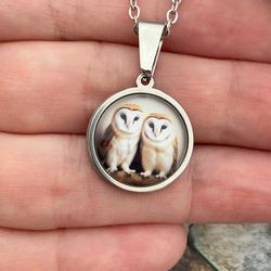 two owls pendant, steel and glass necklace, bird lover gift, handmade jewelry