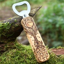 wood moon tree hand burned pyrography bottle opener. practical unusual gift.