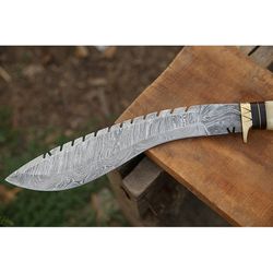 handmade damascus kukri knife with stag horn and bone handle survival knife anniversary gift camping knife gift for him