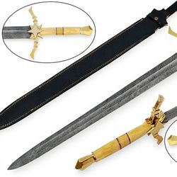 viking sword - 38" handcrafted damascus steel blade with elegant bone handle and sheath, needle point, full tang, ambide