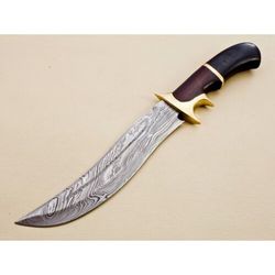exquisite handcrafted damascus steel bowie hunting knife featuring a rosewood handle, complete with a sheath
