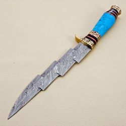 handcrafted custom damascus steel hunting knife with turquoise stone & brass handle