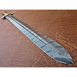 handmade damascus defender sword engraved brass bolster olive wood