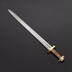 custom hand forged damascus steel viking sword, best quality, battle ready sword with leather heath mk6327m