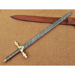 custom hand forged damascus steel viking sword, best quality, battle ready sword with leather heath mk5417m