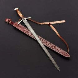 custom hand forged damascus steel viking sword, best quality, battle ready sword with leather heath mk3966m