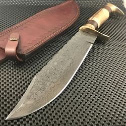 custom hand forged damascus stage handle bowie knife with leather sheath, best bowie hunting knife, gift for husband