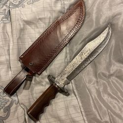 handmade damascus steel hunting bowie knife full tang with leather sheath