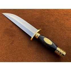 custom handmade d2 steel searless bowie knife with damascus pattern blade and exotic wood handle.