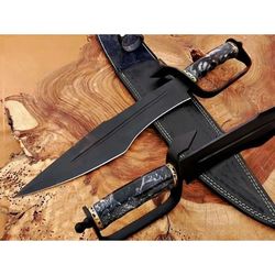 "custom handmade d2 steel searless bowie knife with damascus pattern blade and exotic wood handle"