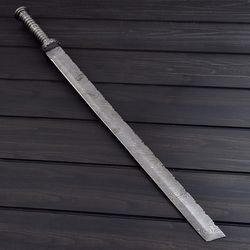 custom made sword, handmade damascsu steel sword, viking sword with leather sheath