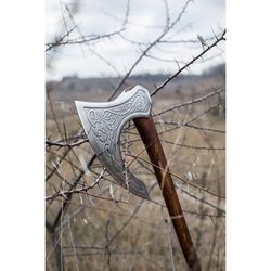 "handmade carbon steel hand-engraved viking axe with long wood handle"