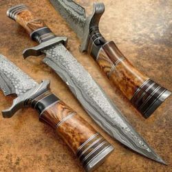 custom handmade forged rain drop. damascus pattern hunting outdoors survival camping bowie knife with leather sheath
