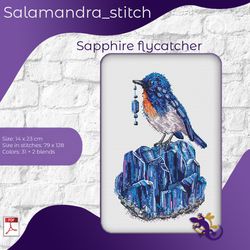 sapphire flycatcher, relax, cross stitch, embroidery pattern, birds, salamandra