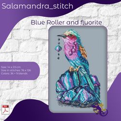 blue roller and fluorite, relax, cross stitch, embroidery pattern, birds, salamandra