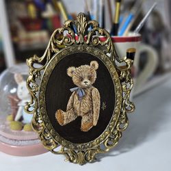 original miniature teddy bear oil painting max the bear in a real vintage frame