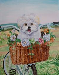 maltese dog in a flower basket. acrylic painting