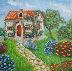 house in summer garden, oil painting impasto 11.4x11.4x1.4 zoll