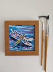 dragonfly painting miniature framed. bright little painting 4x4inch