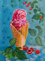 ice cream with fresh raspberries, acrylic painting 5x7inch