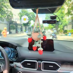 crochet strawberry plant hanging decor, succulent plant crochet ornaments, car mirror hanging accessories