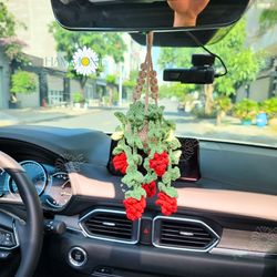 crochet snapdragons car hanging, crochet plant car decor, car accessories, crochet charms