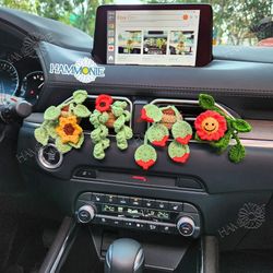 crochet sunflower & poppy plant for car air freshener decor, crochet plant pot car vent clip